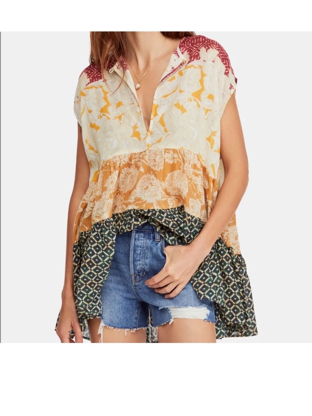 Free People Gotta Have You Boho Tunic‎ Blouse (Marigold Combo Color), Size M